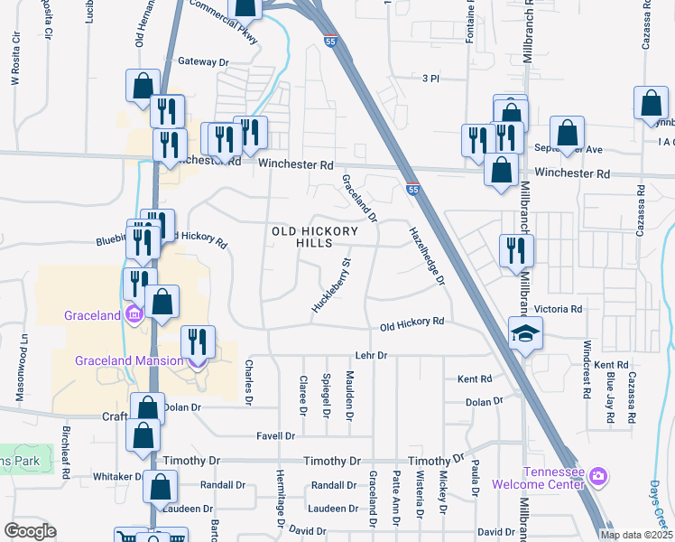 map of restaurants, bars, coffee shops, grocery stores, and more near 1419 Singing Trees Drive in Memphis