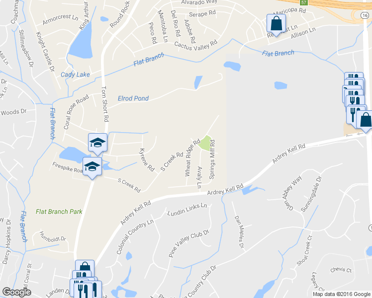 map of restaurants, bars, coffee shops, grocery stores, and more near 11414 Wheat Ridge Road in Charlotte
