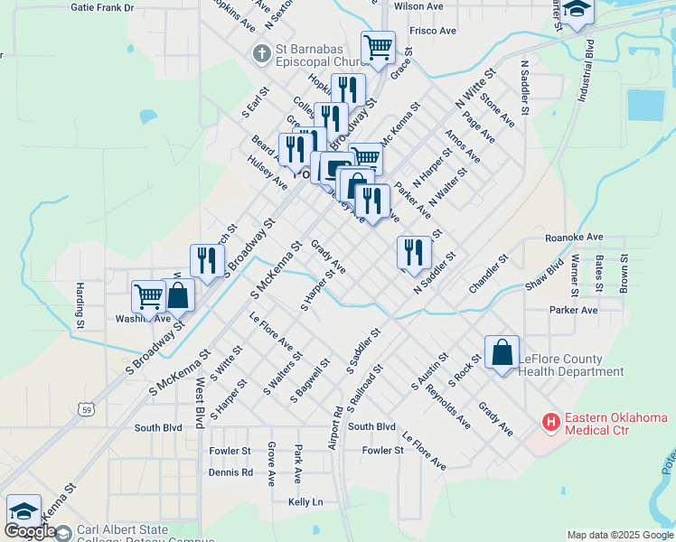 map of restaurants, bars, coffee shops, grocery stores, and more near 306 Grady Avenue in Poteau
