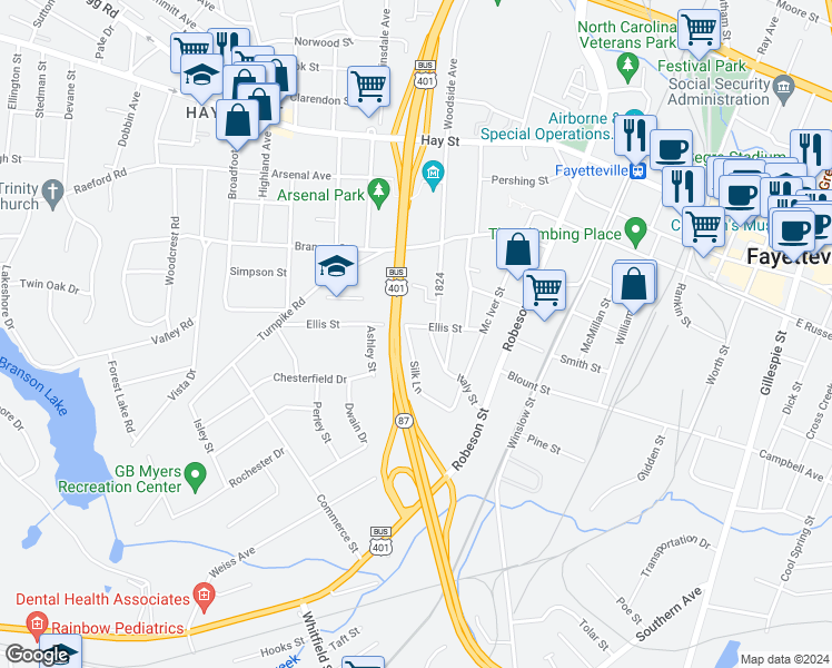 map of restaurants, bars, coffee shops, grocery stores, and more near 824 Silk Lane in Fayetteville