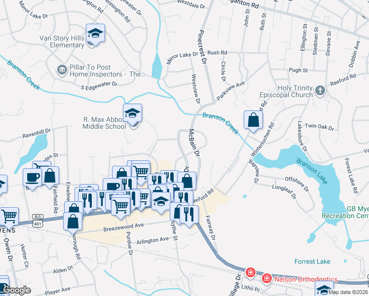 map of restaurants, bars, coffee shops, grocery stores, and more near 435 Mcphee Drive in Fayetteville