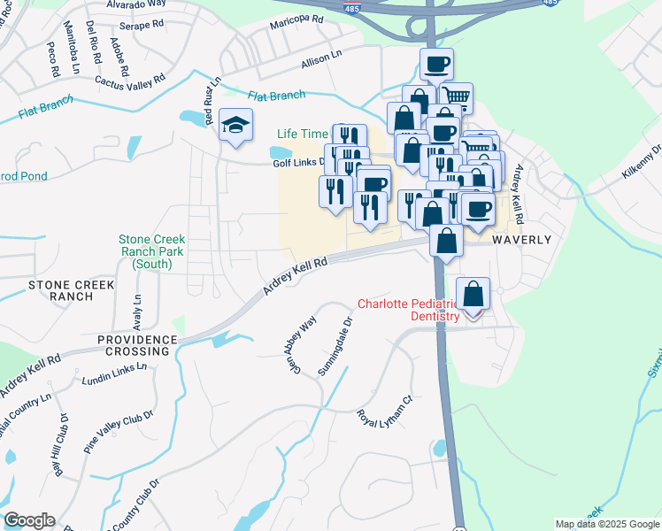 map of restaurants, bars, coffee shops, grocery stores, and more near 5823 Ardrey Kell Road in Charlotte