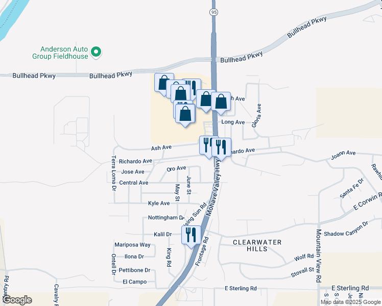 map of restaurants, bars, coffee shops, grocery stores, and more near 1681 Richardo Avenue in Bullhead City