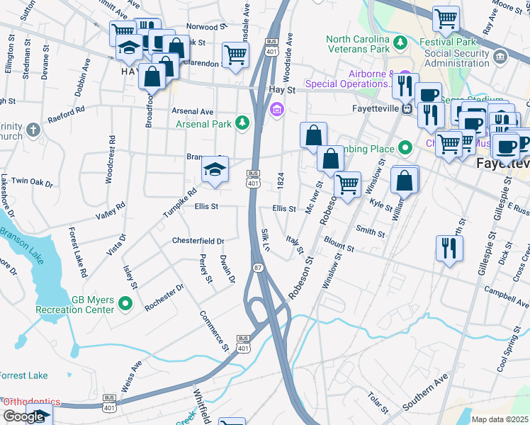 map of restaurants, bars, coffee shops, grocery stores, and more near 824 Silk Lane in Fayetteville