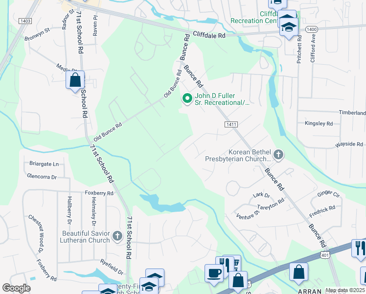 map of restaurants, bars, coffee shops, grocery stores, and more near 6542 Saint Louis Street in Fayetteville
