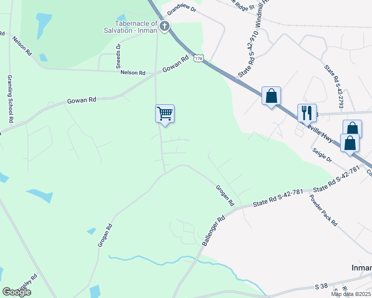 map of restaurants, bars, coffee shops, grocery stores, and more near 125 Julia Elaine Court in Inman