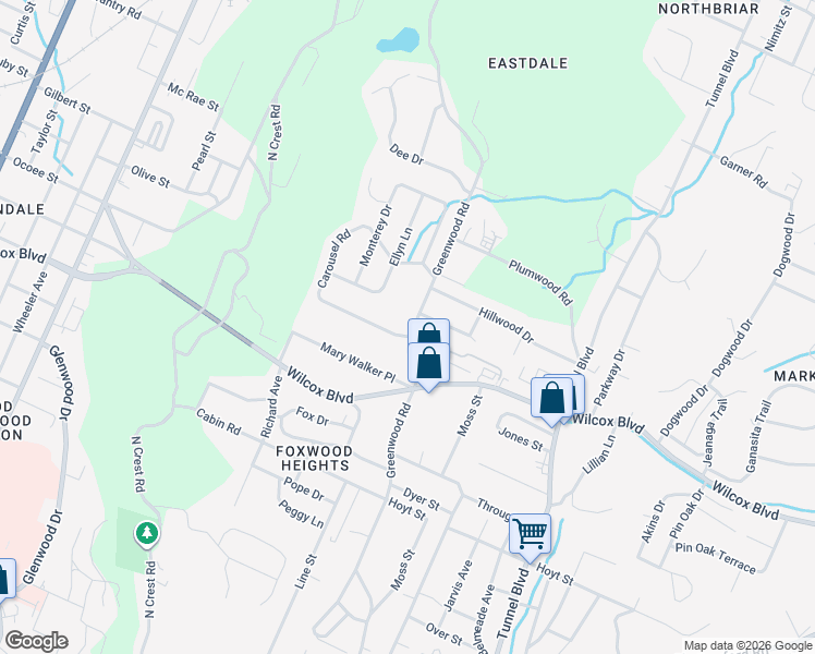 map of restaurants, bars, coffee shops, grocery stores, and more near 1401 Carousel Road in Chattanooga