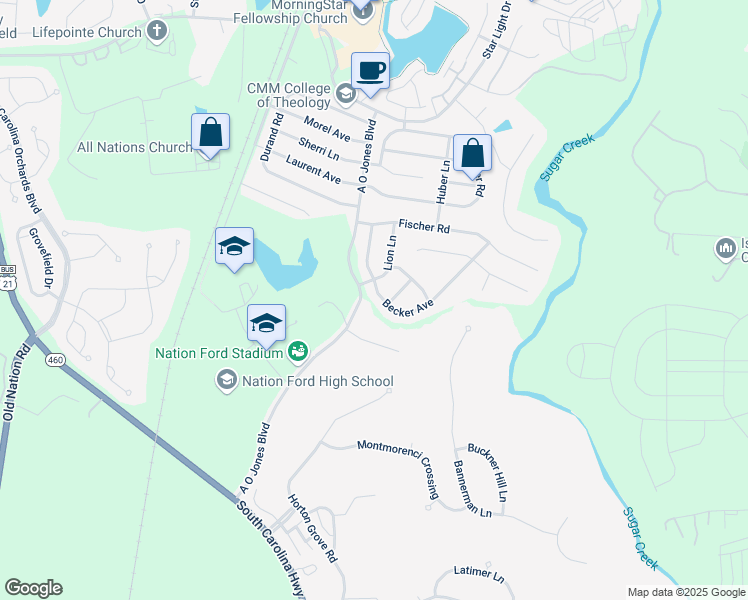 map of restaurants, bars, coffee shops, grocery stores, and more near 869 Lion Lane in Fort Mill