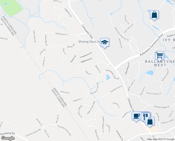 map of restaurants, bars, coffee shops, grocery stores, and more near 12424 Agate Lane in Pineville