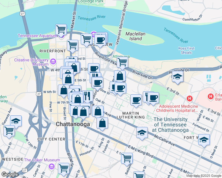 map of restaurants, bars, coffee shops, grocery stores, and more near 500 Lindsay Street in Chattanooga