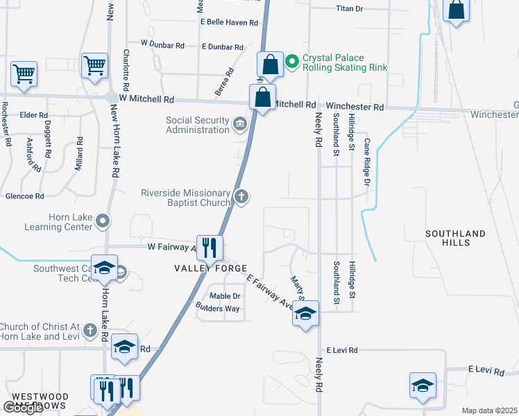 map of restaurants, bars, coffee shops, grocery stores, and more near 3617 Hillbrook Road in Memphis