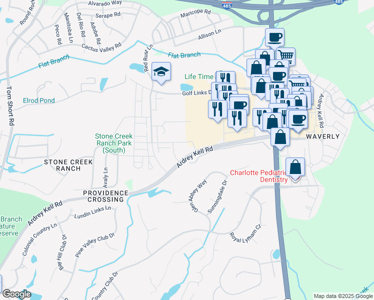 map of restaurants, bars, coffee shops, grocery stores, and more near 6805 Walnut Branch Lane in Charlotte