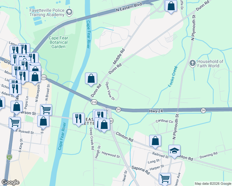 map of restaurants, bars, coffee shops, grocery stores, and more near 321 Breece Street in Fayetteville