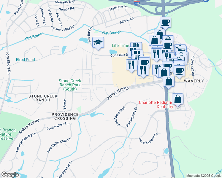 map of restaurants, bars, coffee shops, grocery stores, and more near 6805 Walnut Branch Lane in Charlotte