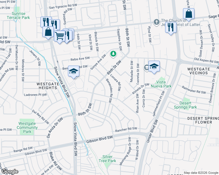 map of restaurants, bars, coffee shops, grocery stores, and more near 9012 Benavides Road Southwest in Albuquerque