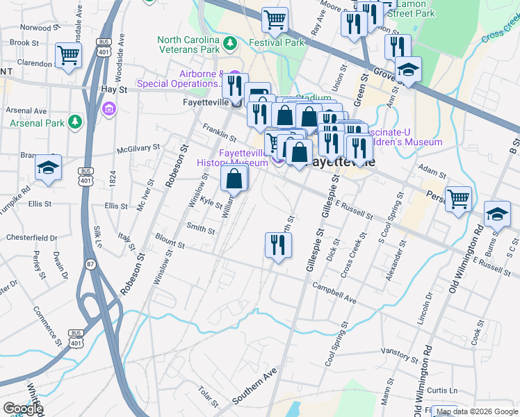 map of restaurants, bars, coffee shops, grocery stores, and more near in Fayetteville