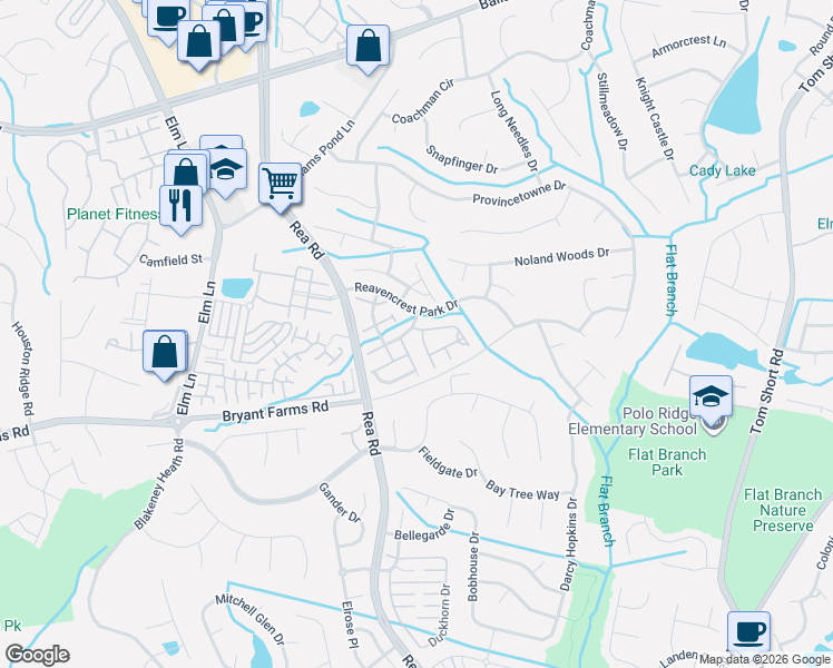 map of restaurants, bars, coffee shops, grocery stores, and more near 12304 Dunford Street in Charlotte