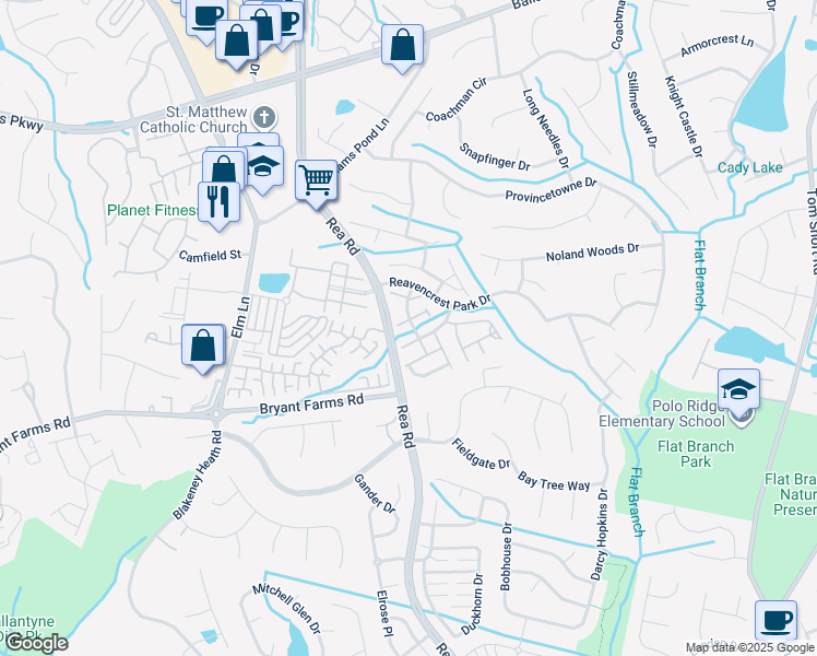 map of restaurants, bars, coffee shops, grocery stores, and more near 11718 Harsworth Lane in Charlotte