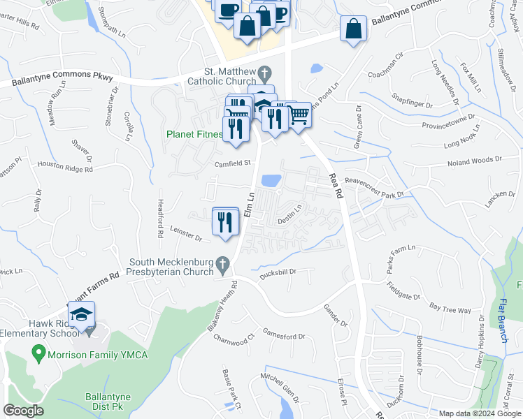 map of restaurants, bars, coffee shops, grocery stores, and more near 11726 Fiddlers Roof Lane in Charlotte