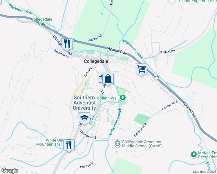 map of restaurants, bars, coffee shops, grocery stores, and more near in Collegedale