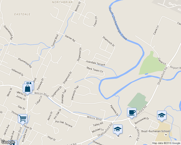 map of restaurants, bars, coffee shops, grocery stores, and more near 3728 Mark Twain Circle in Chattanooga