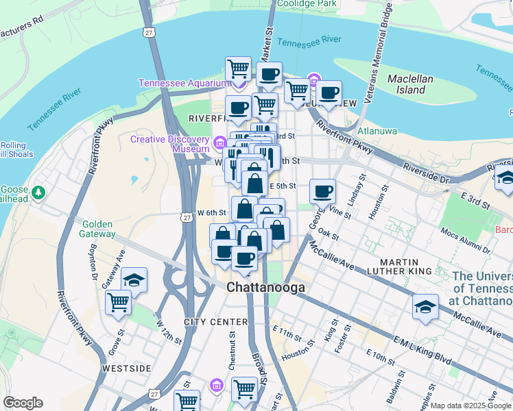 map of restaurants, bars, coffee shops, grocery stores, and more near in Chattanooga