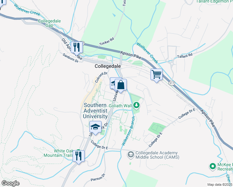 map of restaurants, bars, coffee shops, grocery stores, and more near in Collegedale