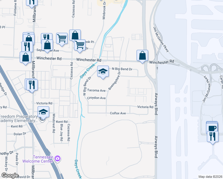 map of restaurants, bars, coffee shops, grocery stores, and more near 3612 Boeingshire Drive in Memphis