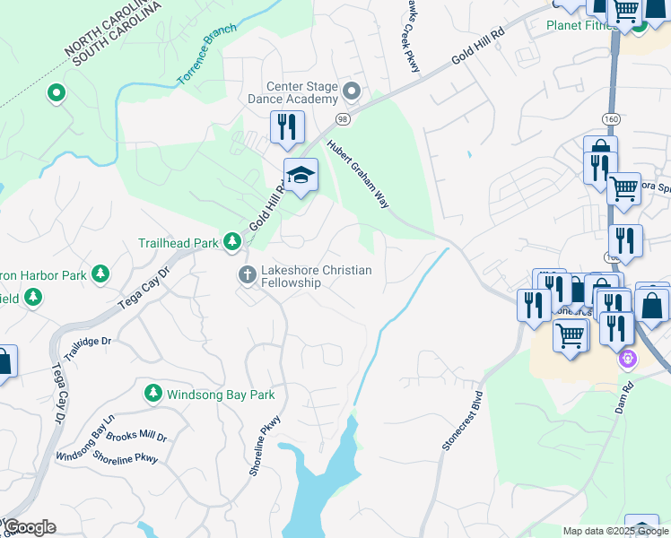 map of restaurants, bars, coffee shops, grocery stores, and more near 1318 Mallard Ridge Drive in Fort Mill