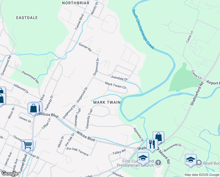 map of restaurants, bars, coffee shops, grocery stores, and more near 3868 Mark Twain Circle in Chattanooga