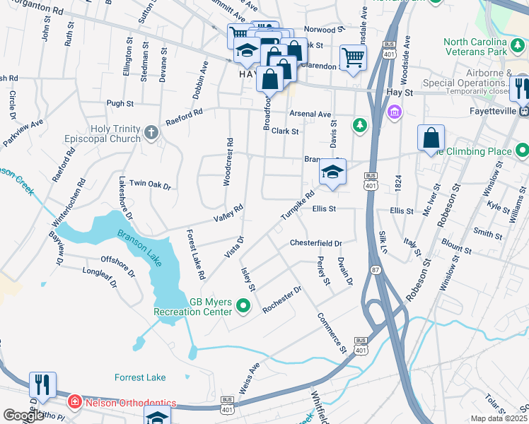 map of restaurants, bars, coffee shops, grocery stores, and more near in Fayetteville