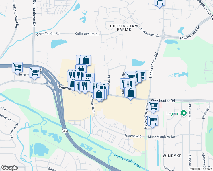 map of restaurants, bars, coffee shops, grocery stores, and more near 3625 Wincross Drive in Memphis