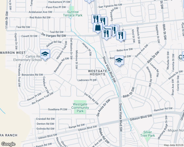 map of restaurants, bars, coffee shops, grocery stores, and more near 1244 Amole Vista Street Southwest in Albuquerque