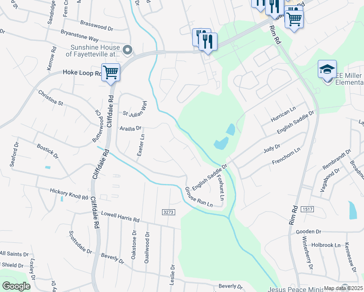 map of restaurants, bars, coffee shops, grocery stores, and more near 1145 Arailia Drive in Fayetteville