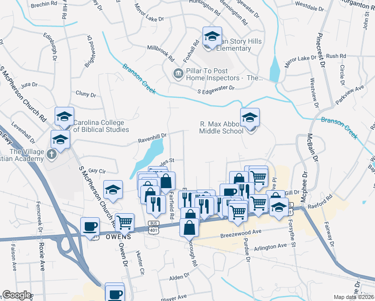 map of restaurants, bars, coffee shops, grocery stores, and more near 713 Emeline Avenue in Fayetteville