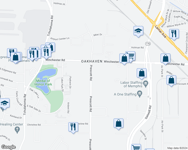 map of restaurants, bars, coffee shops, grocery stores, and more near 3612 Prescott Road in Memphis