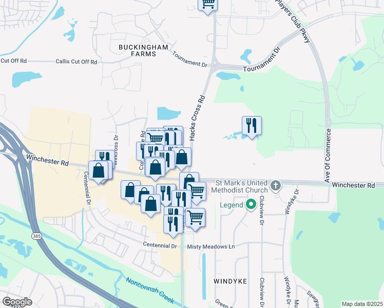 map of restaurants, bars, coffee shops, grocery stores, and more near 3630 Hacks Cross Road in Memphis
