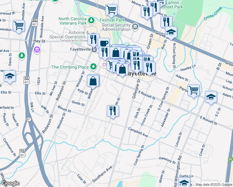 map of restaurants, bars, coffee shops, grocery stores, and more near 212 Rankin Street in Fayetteville