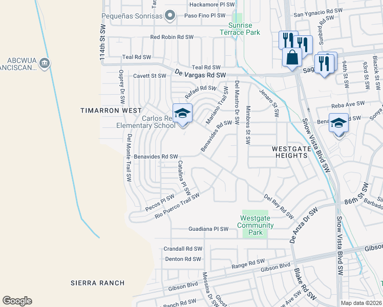 map of restaurants, bars, coffee shops, grocery stores, and more near 10601 Benavides Road Southwest in Albuquerque