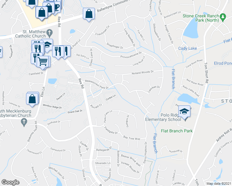 map of restaurants, bars, coffee shops, grocery stores, and more near 12425 Dunford Street in Charlotte