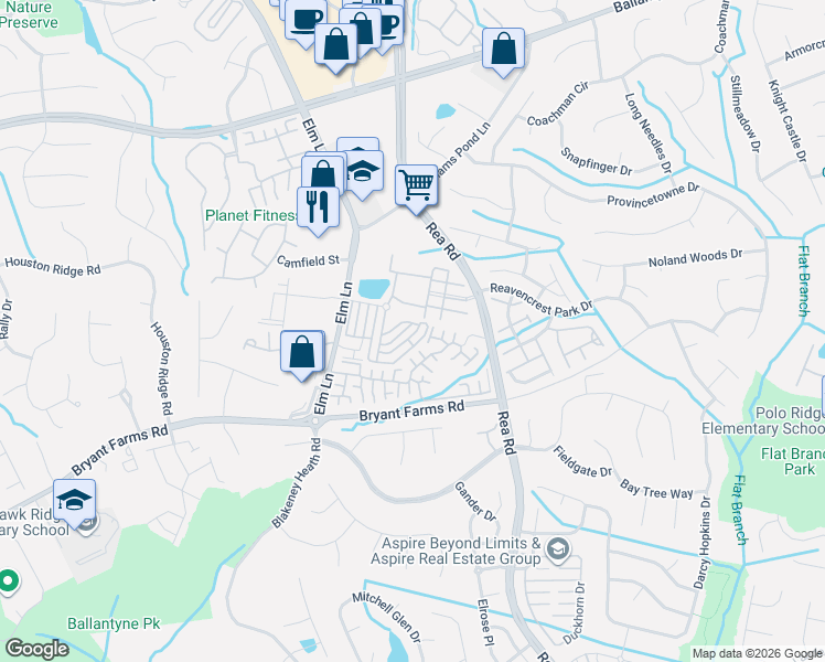 map of restaurants, bars, coffee shops, grocery stores, and more near 11426 Destin Lane in Charlotte