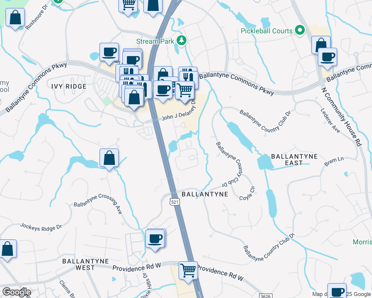 map of restaurants, bars, coffee shops, grocery stores, and more near 15105 Arbor Trail Court in Charlotte