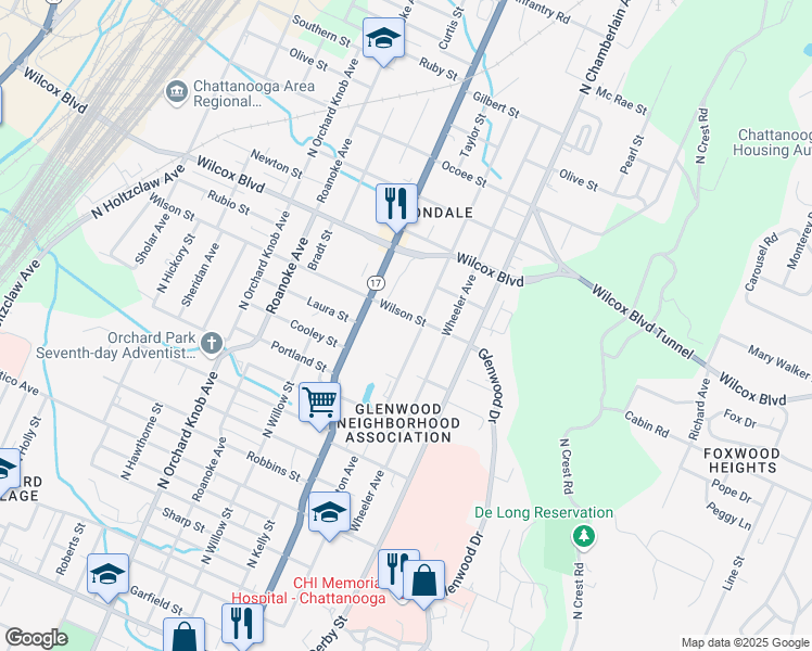 map of restaurants, bars, coffee shops, grocery stores, and more near 1301 Arlington Avenue in Chattanooga