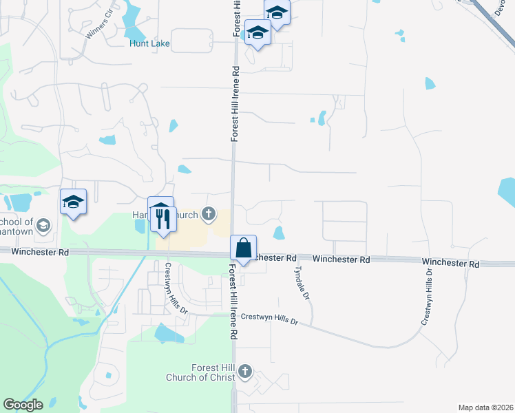 map of restaurants, bars, coffee shops, grocery stores, and more near 3634 Forest Hill Irene Road in Germantown