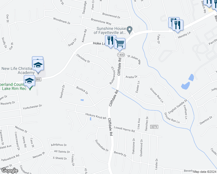 map of restaurants, bars, coffee shops, grocery stores, and more near 1217 Butterwood Circle in Fayetteville