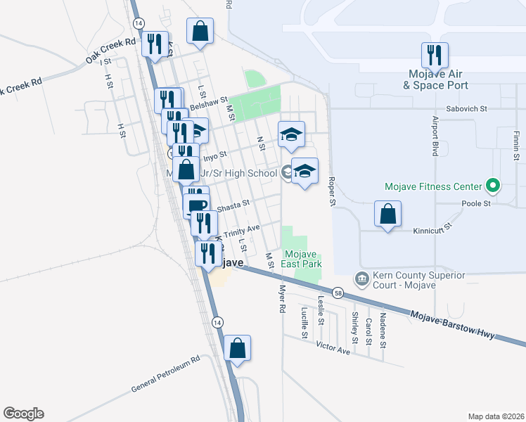 map of restaurants, bars, coffee shops, grocery stores, and more near 15644 M Street in Mojave