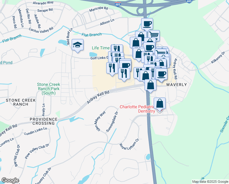 map of restaurants, bars, coffee shops, grocery stores, and more near Fairway Row Lane in Charlotte