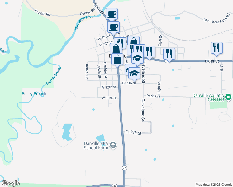 map of restaurants, bars, coffee shops, grocery stores, and more near 1202 Main Street in Danville