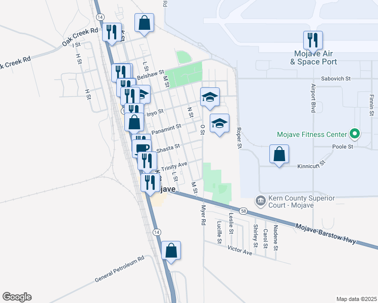 map of restaurants, bars, coffee shops, grocery stores, and more near 15644 M Street in Mojave