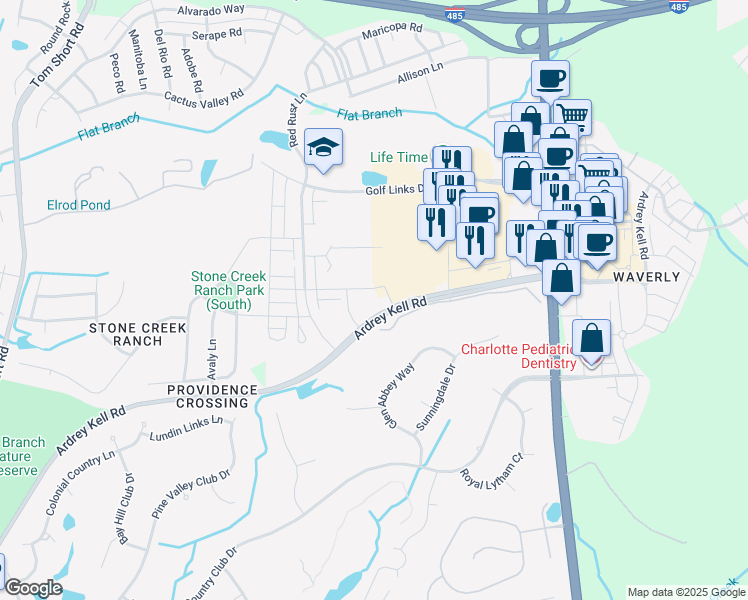 map of restaurants, bars, coffee shops, grocery stores, and more near 10621 Midway Park Dr in Charlotte
